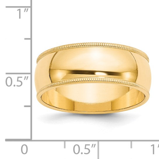 14K Yellow Gold Milgrain Domed Half Round Wedding Band, 8 Mm Wide, Classic