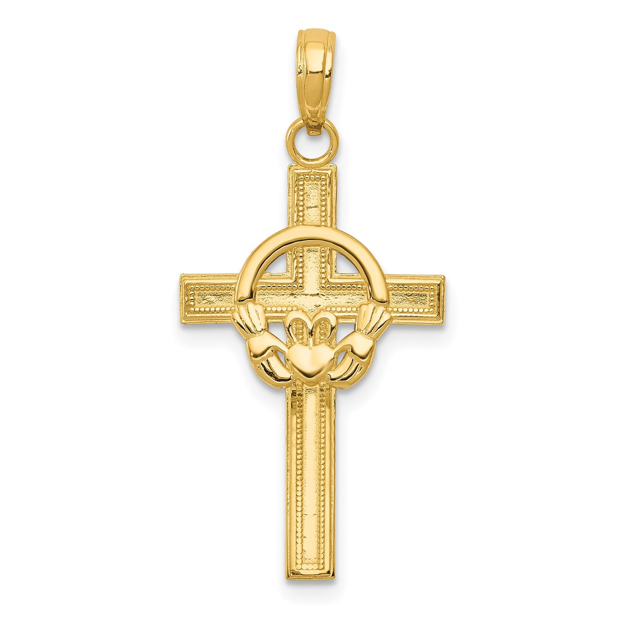 14k Yellow Gold Claddagh Cross Pendant with Satin Finish, Unisex Spiritual Jewelry