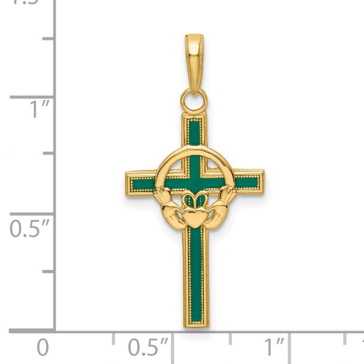 14k Yellow Gold Claddagh Cross Pendant with Green Enamel, Celtic Crown Heart Hands Design