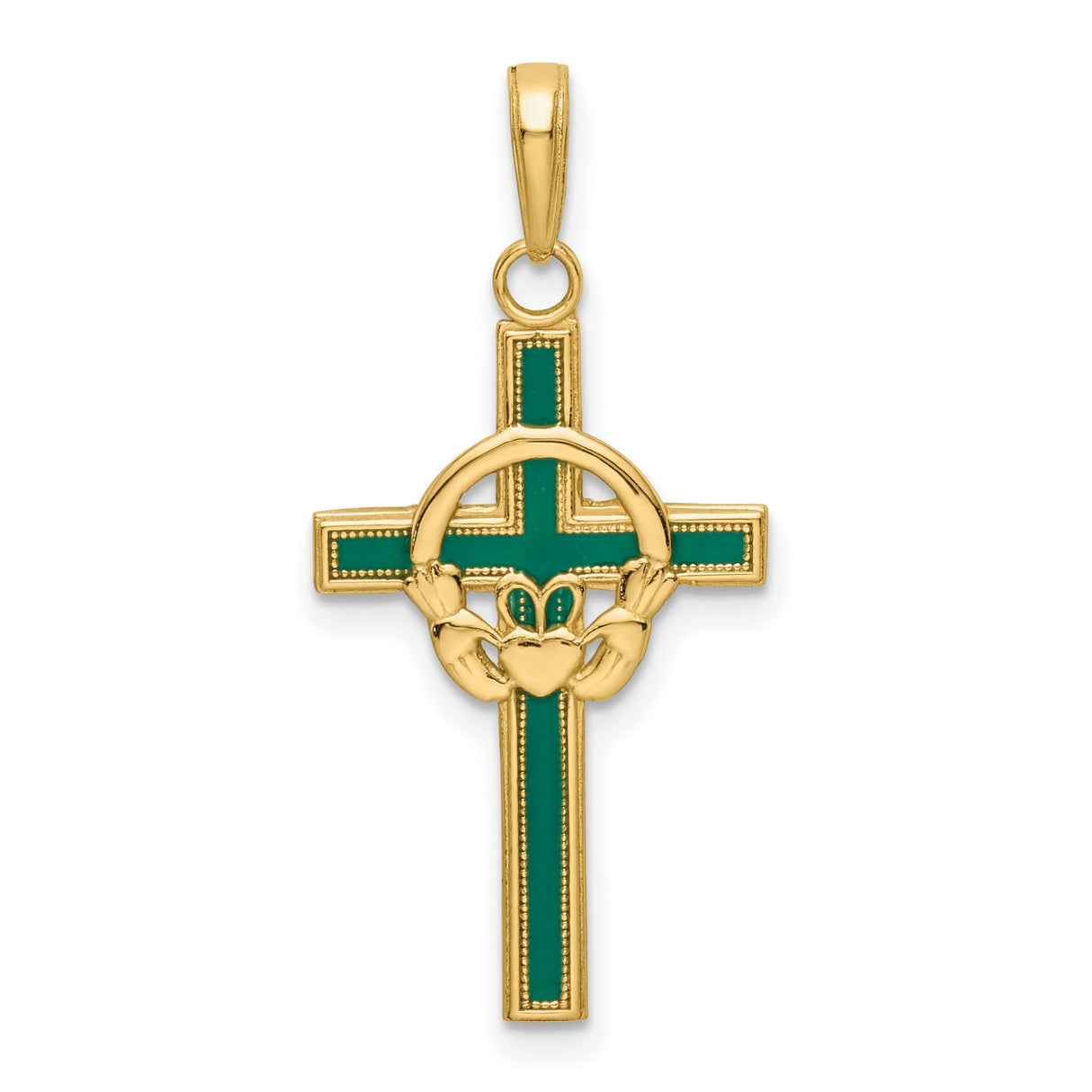 14k Yellow Gold Claddagh Cross Pendant with Green Enamel, Celtic Crown Heart Hands Design