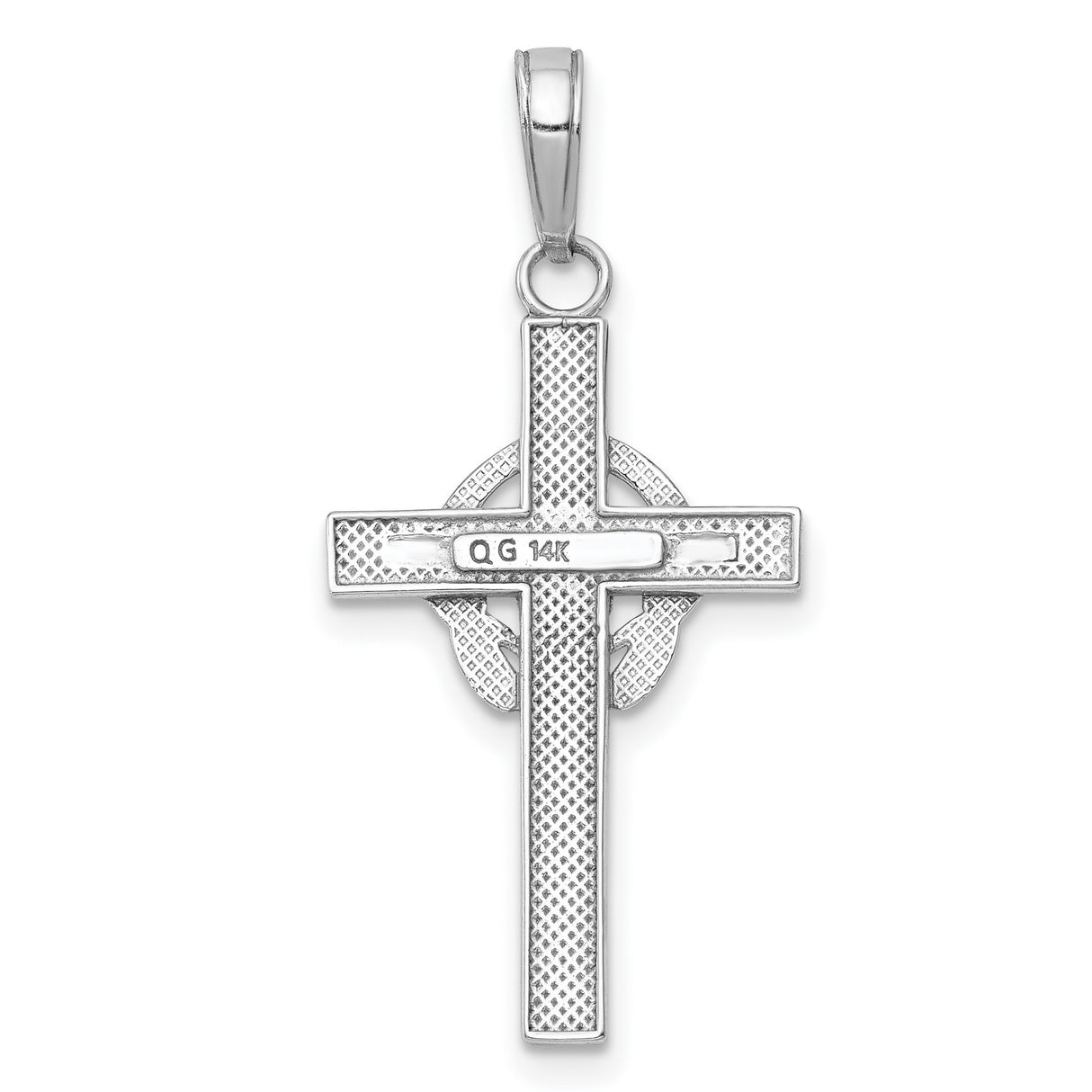 14k White Gold Latin Cross Pendant with Claddagh Symbol and Milgrain Detailing