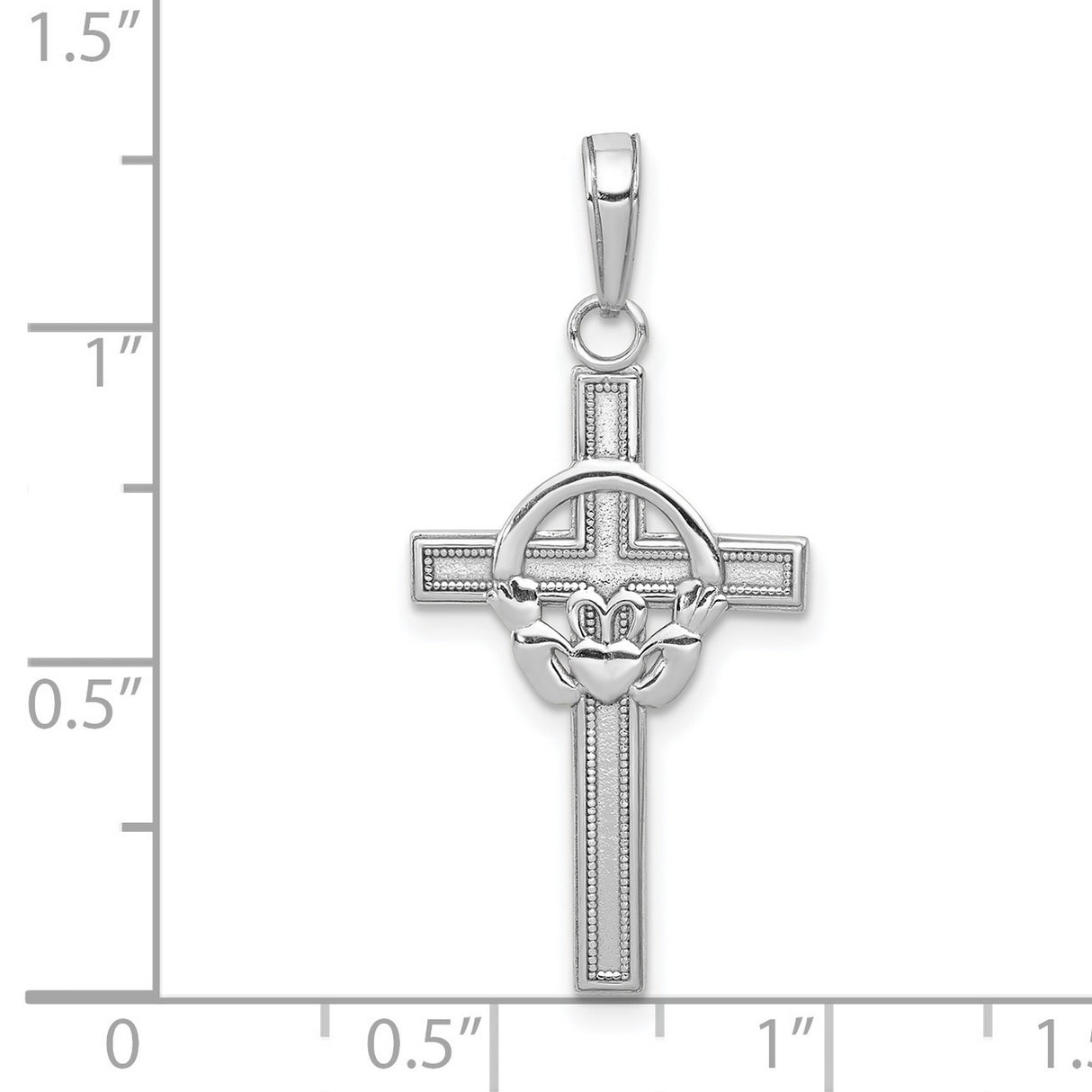 14k White Gold Latin Cross Pendant with Claddagh Symbol and Milgrain Detailing