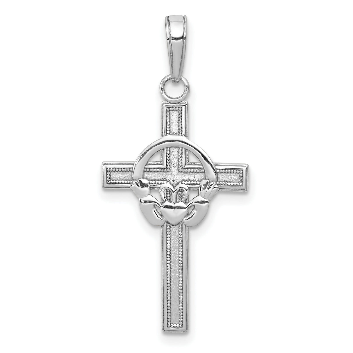 14k White Gold Latin Cross Pendant with Claddagh Symbol and Milgrain Detailing
