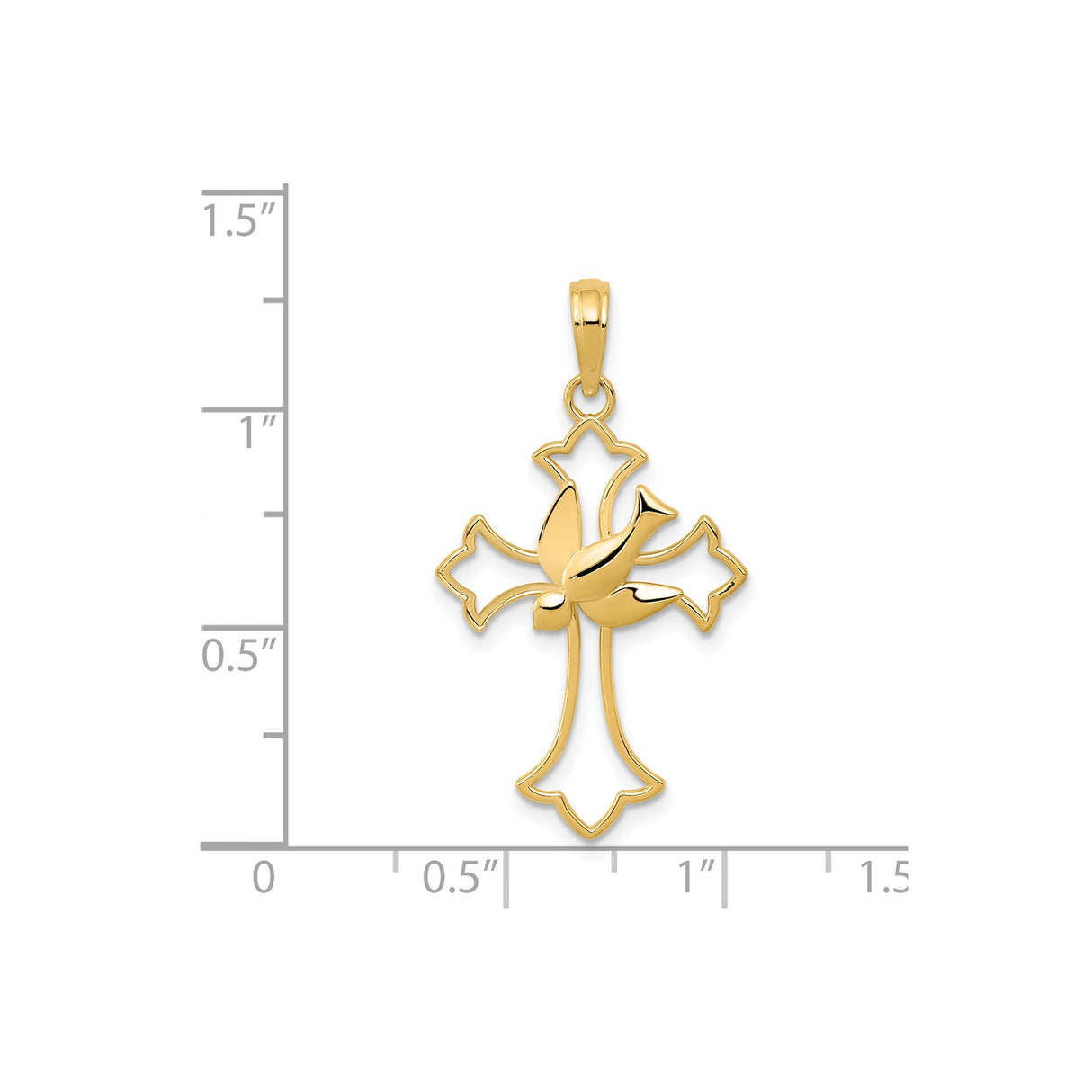 14k Yellow Gold Cross Pendant with Dove Overlay and Fleur De Lis Detail