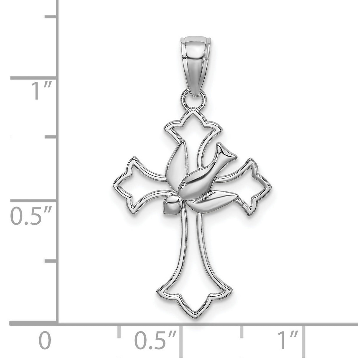 14k White Gold Cross Pendant with Dove and Fleur-de-Lis Design Faith Jewelry