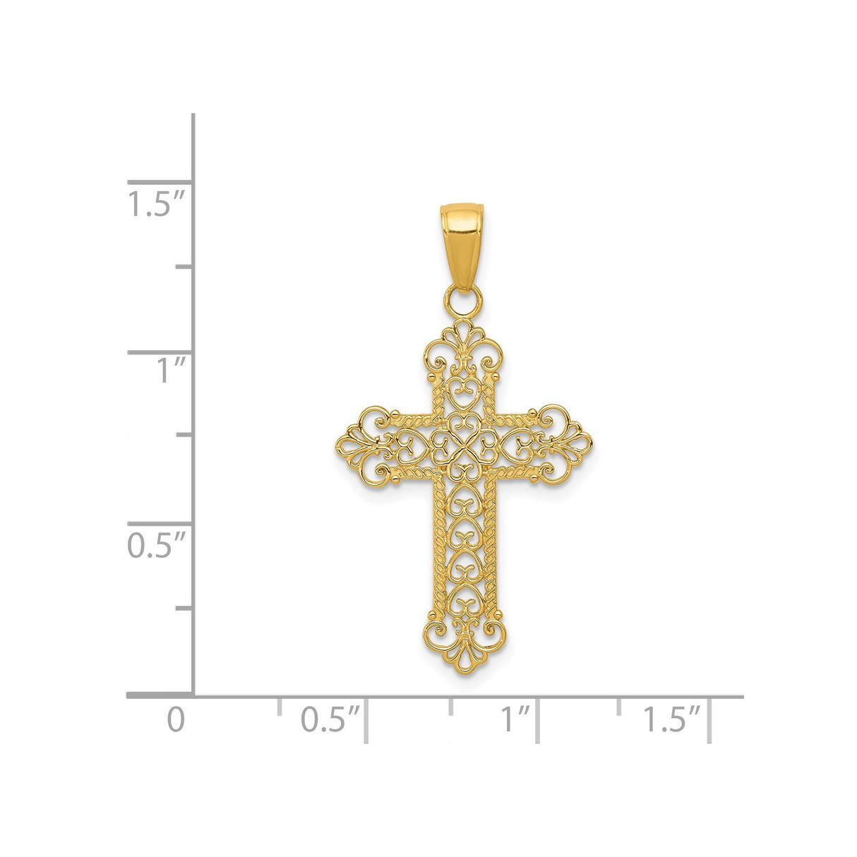 14k Yellow Gold Cross Pendant with Filigree Scrollwork, Polished Openwork Design