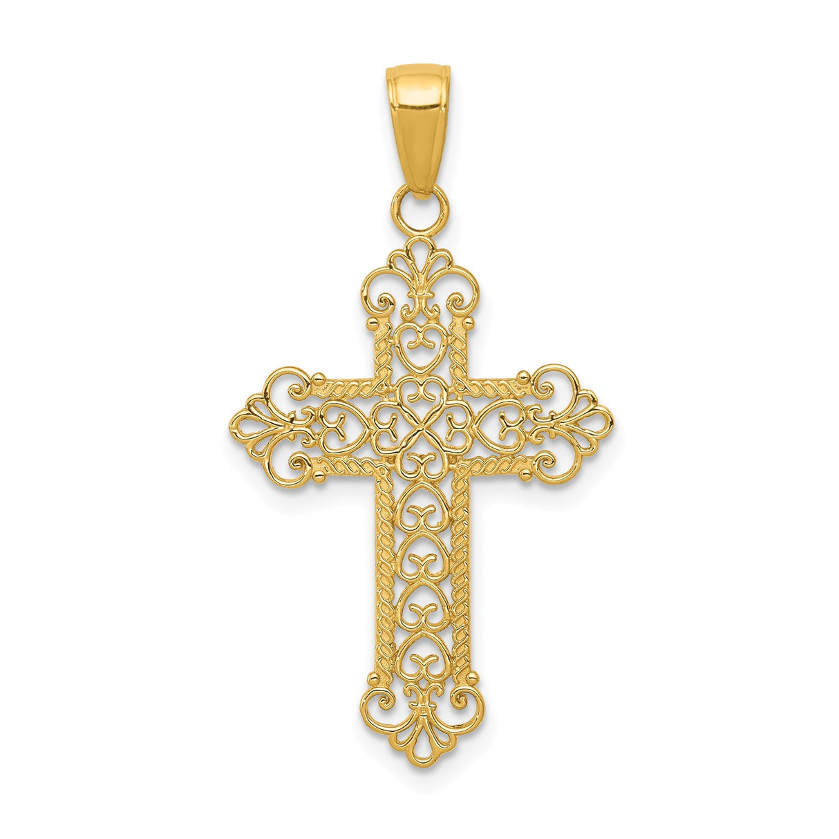14k Yellow Gold Cross Pendant with Filigree Scrollwork, Polished Openwork Design