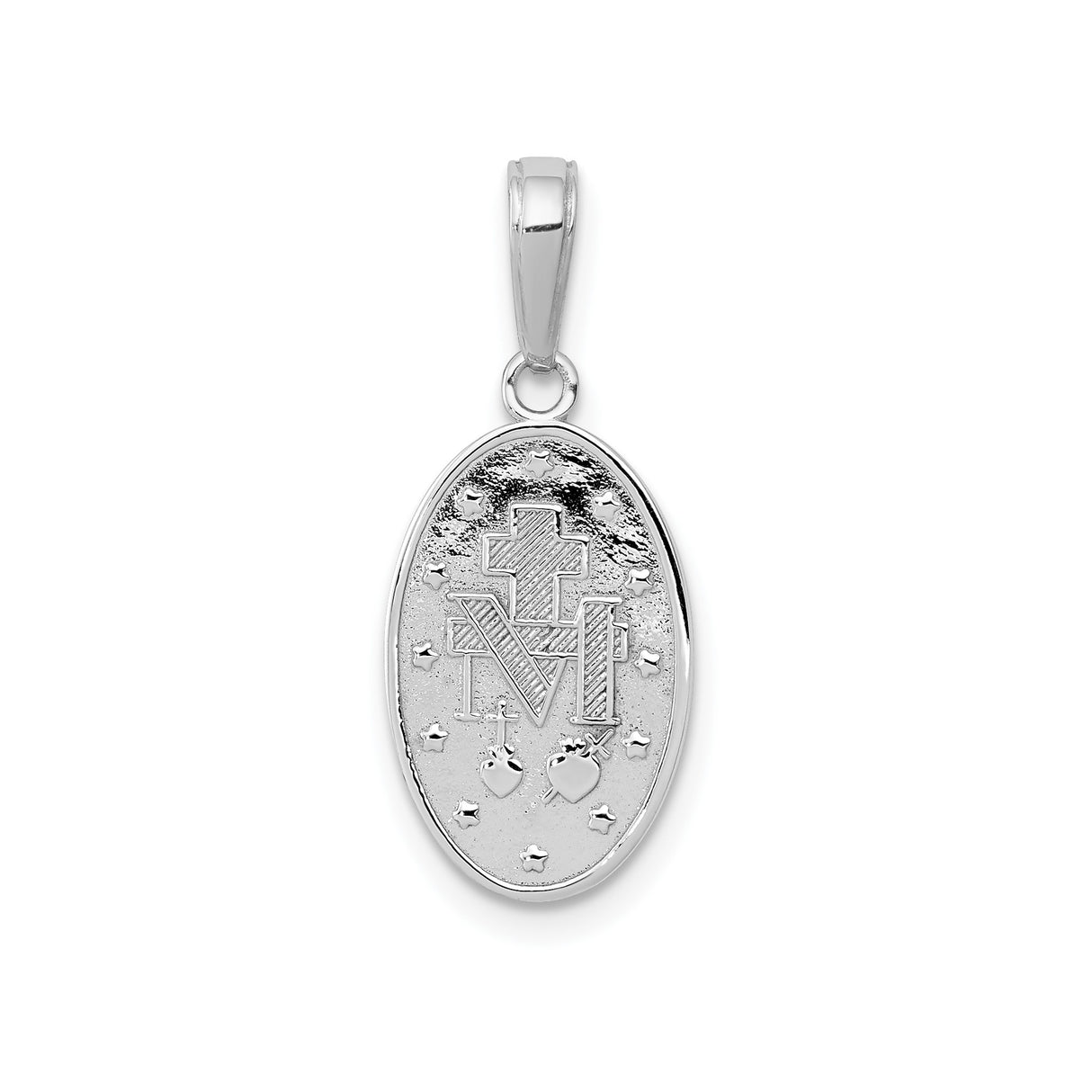 14k White Gold Miraculous Medal Pendant with Virgin Mary and Catholic Prayer