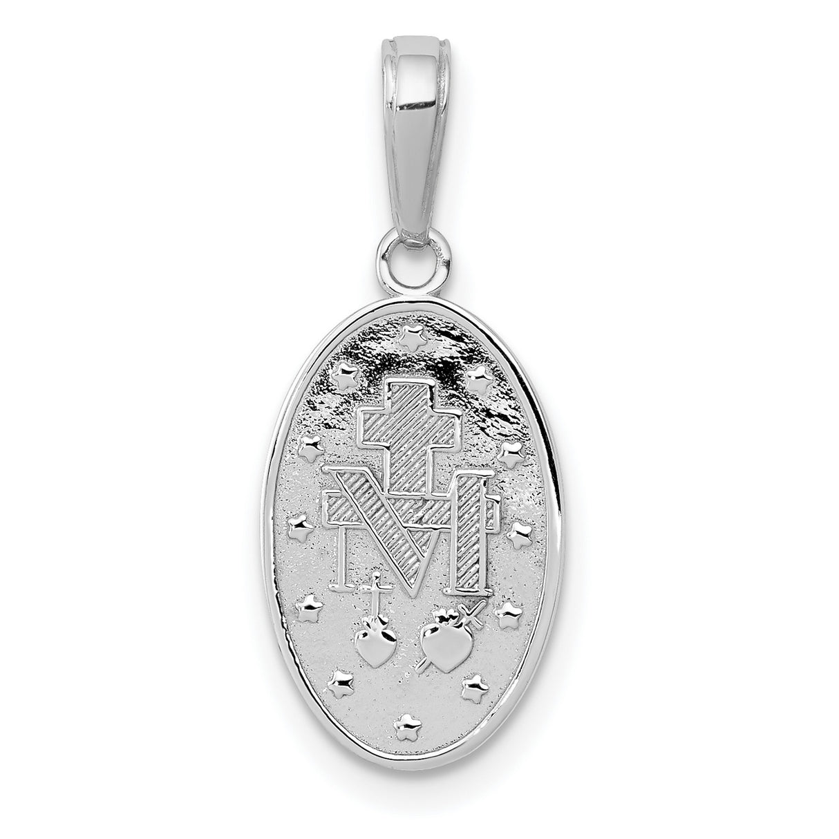 14k White Gold Miraculous Medal Pendant with Virgin Mary Oval Design and Inscription