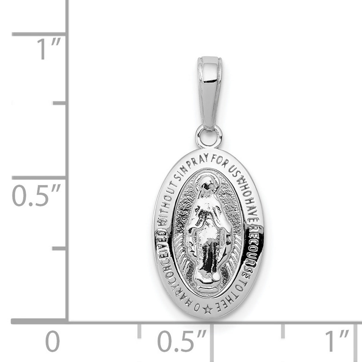 14k White Gold Miraculous Medal Pendant with Virgin Mary Oval Design and Inscription