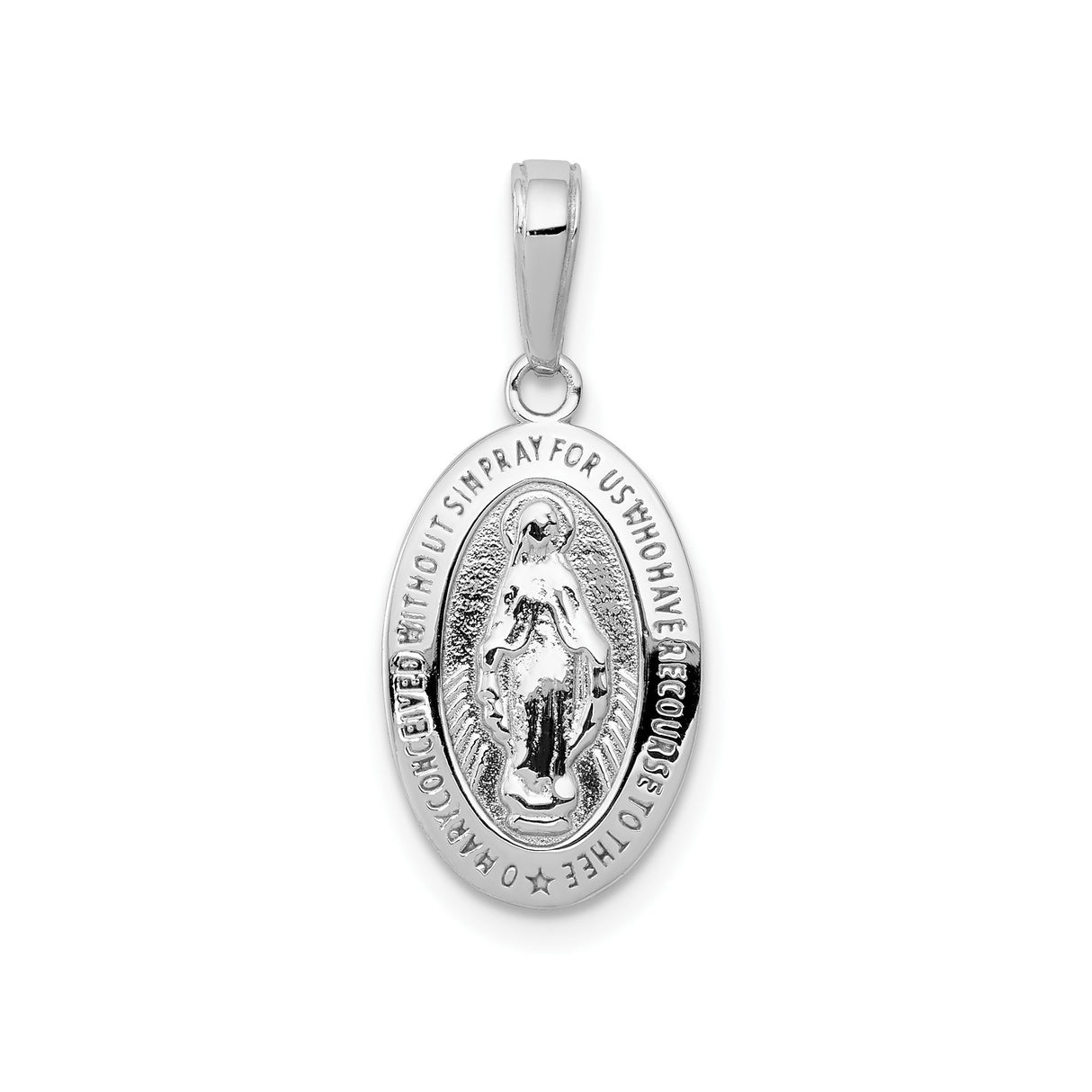 14k White Gold Miraculous Medal Pendant with Virgin Mary and Catholic Prayer