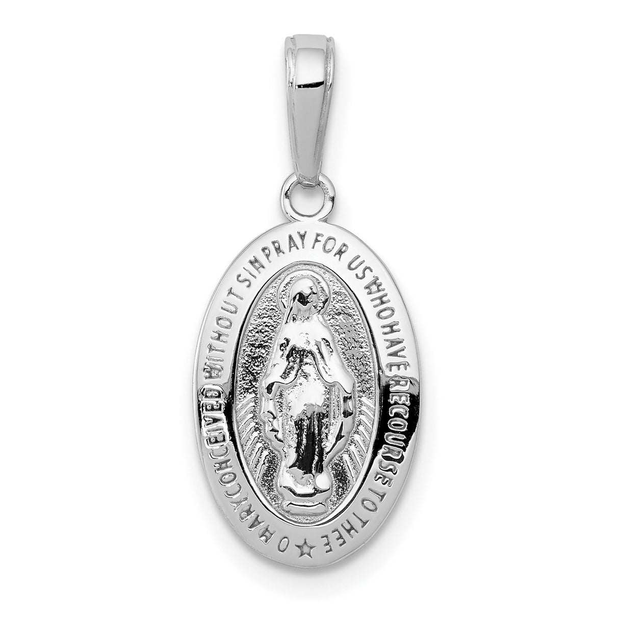 14k White Gold Miraculous Medal Pendant with Virgin Mary Oval Design and Inscription