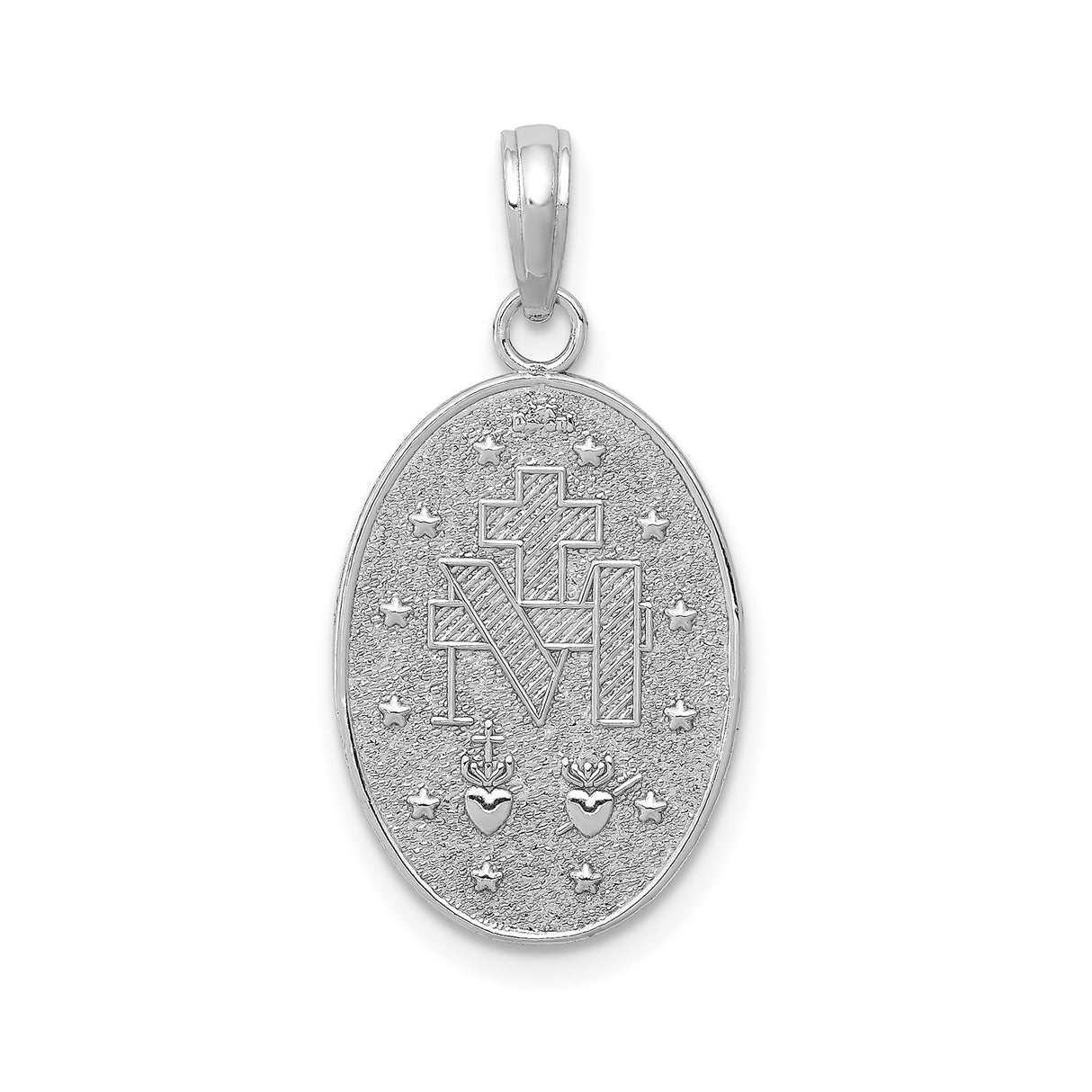 14k White Gold Miraculous Medal Pendant Featuring Virgin Mary and Catholic Inscription