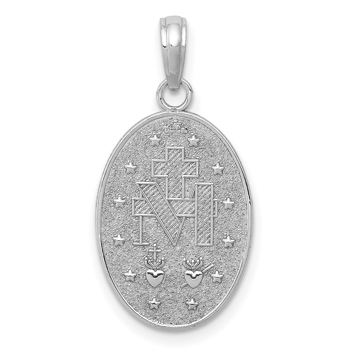 14k White Gold Miraculous Medal Pendant, Virgin Mary Oval Medallion with Inscription