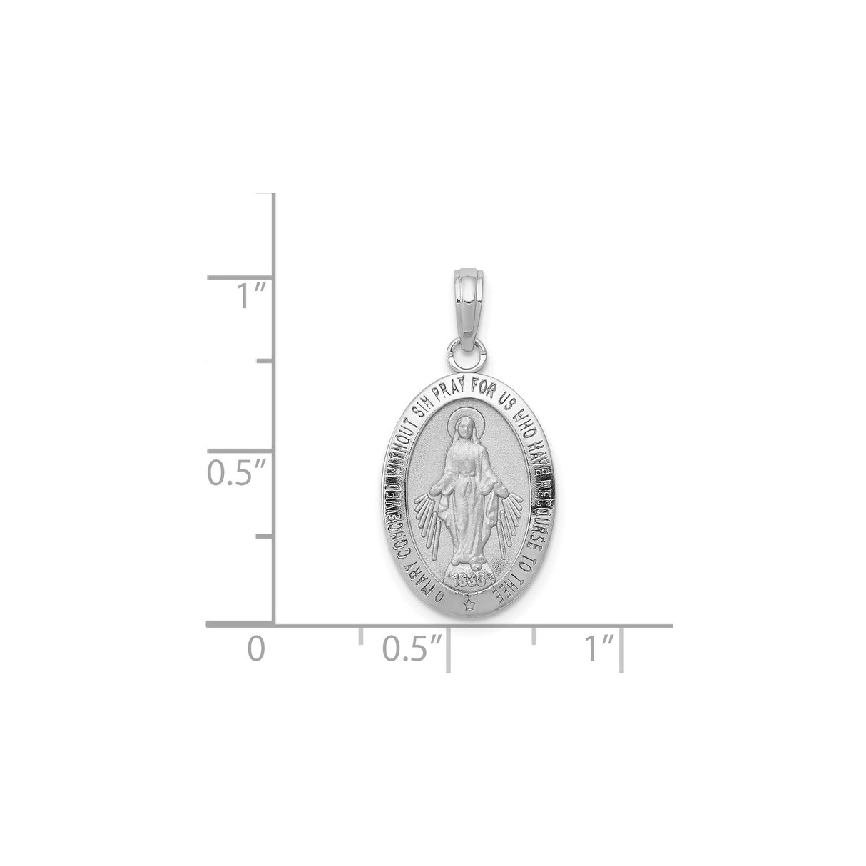 14k White Gold Miraculous Medal Pendant Featuring Virgin Mary and Catholic Inscription