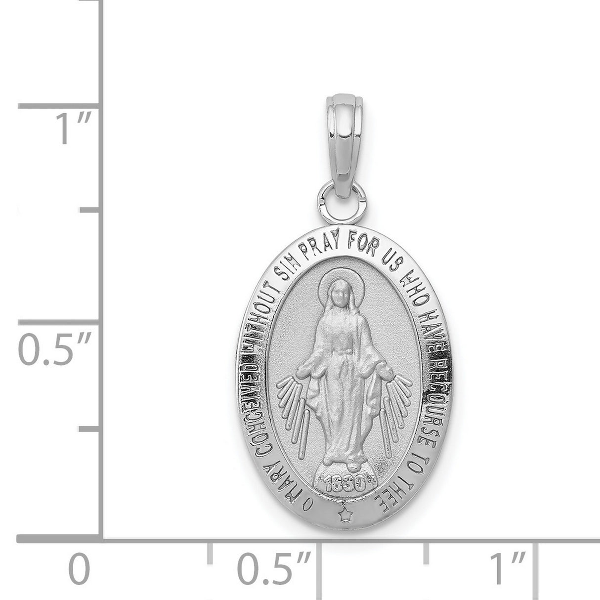 14k White Gold Miraculous Medal Pendant, Virgin Mary Oval Medallion with Inscription