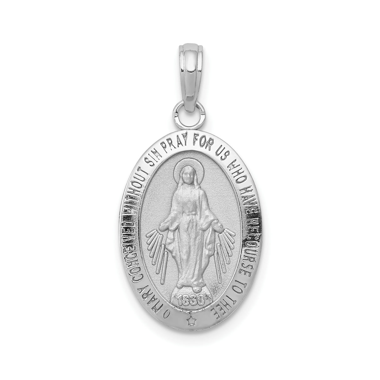 14k White Gold Miraculous Medal Pendant Featuring Virgin Mary and Catholic Inscription