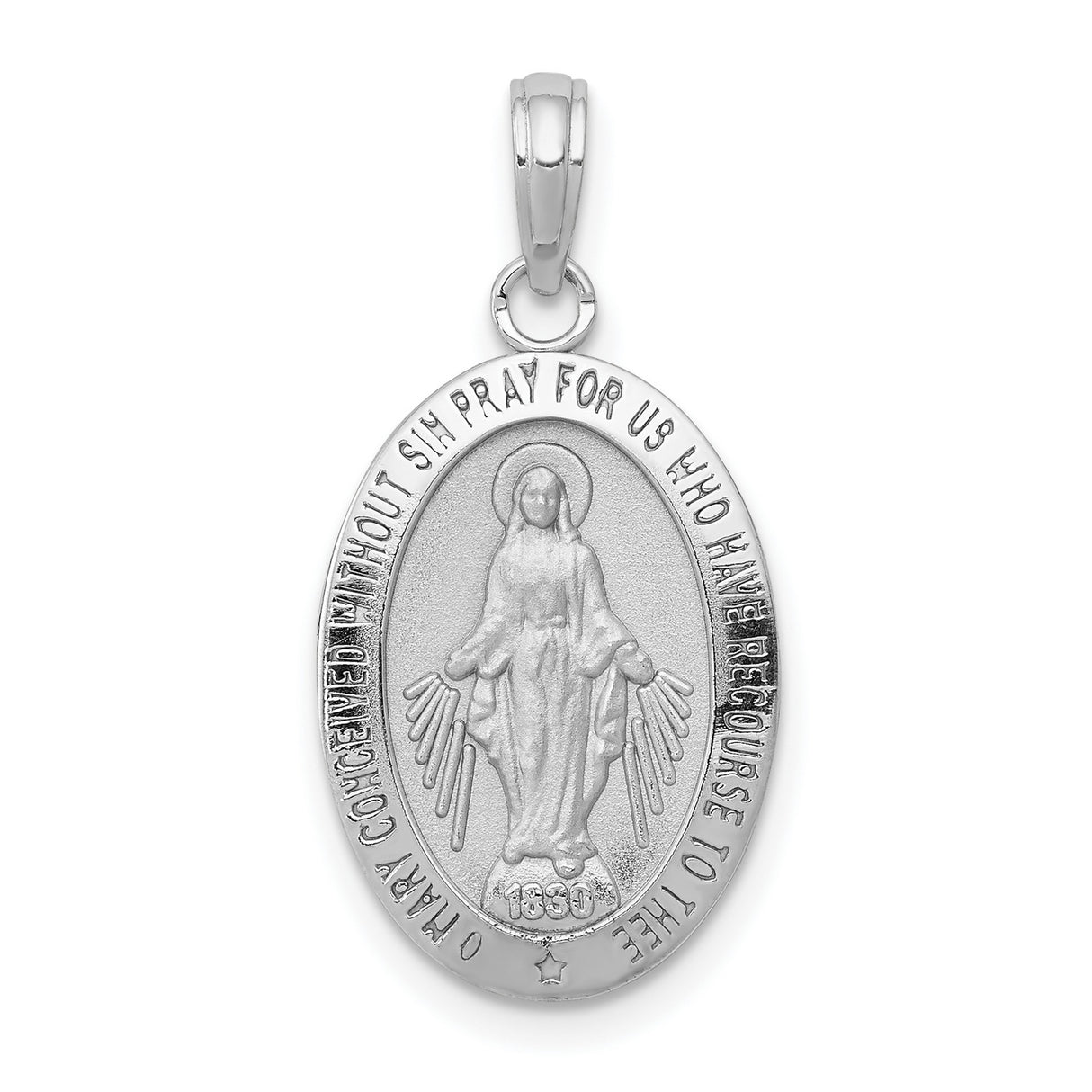 14k White Gold Miraculous Medal Pendant, Virgin Mary Oval Medallion with Inscription