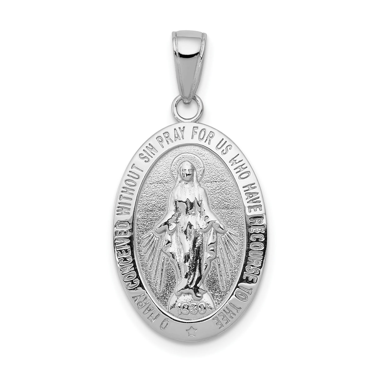 14k White Gold Miraculous Medal Pendant with Virgin Mary Engraving, Catholic Devotional Charm
