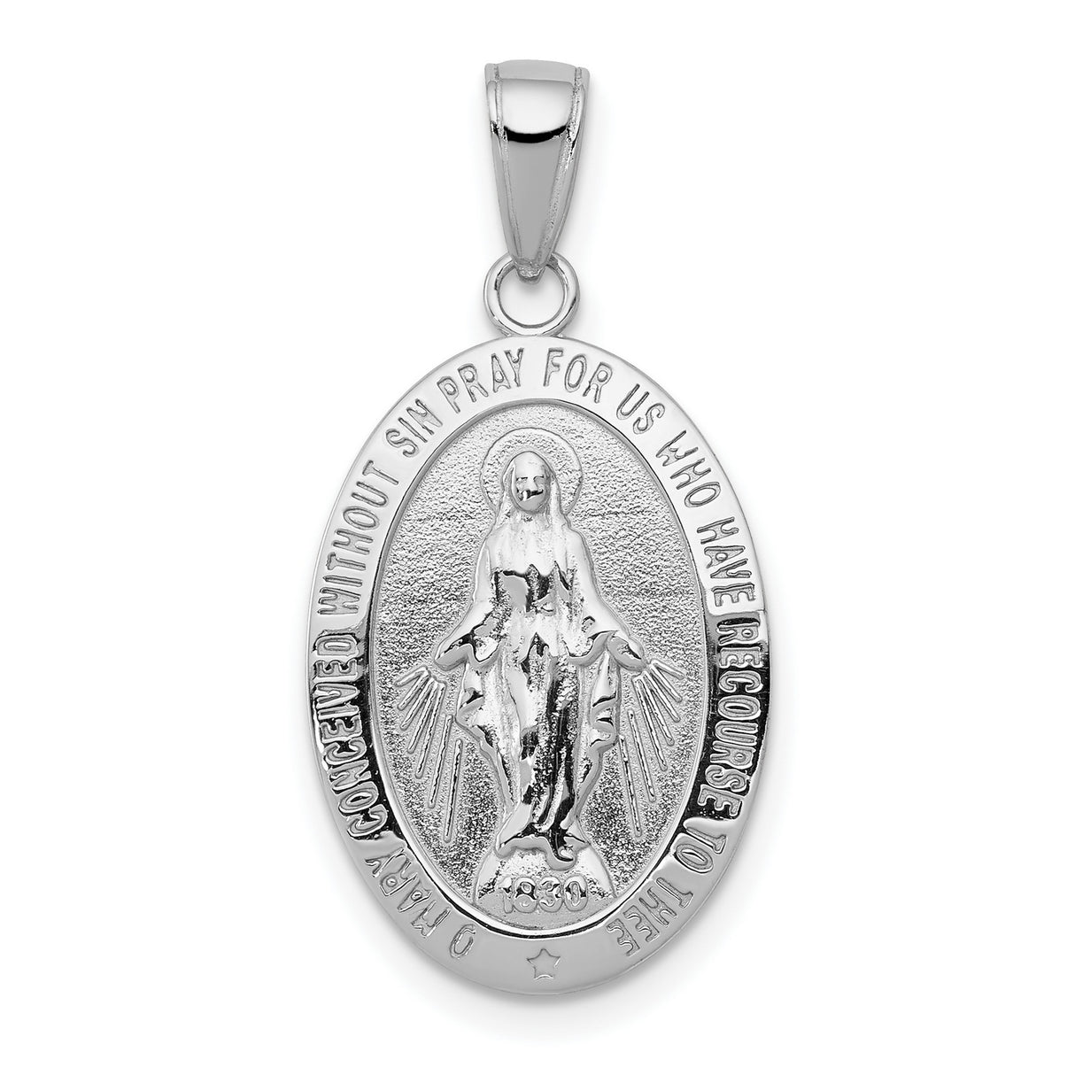 14k White Gold Miraculous Medal Pendant Featuring Virgin Mary and Prayer for Women