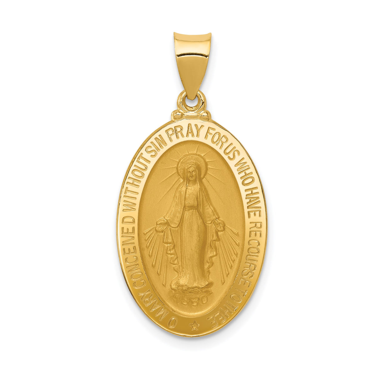 14k Yellow Gold Miraculous Medal Pendant with Virgin Mary Oval Religious Design