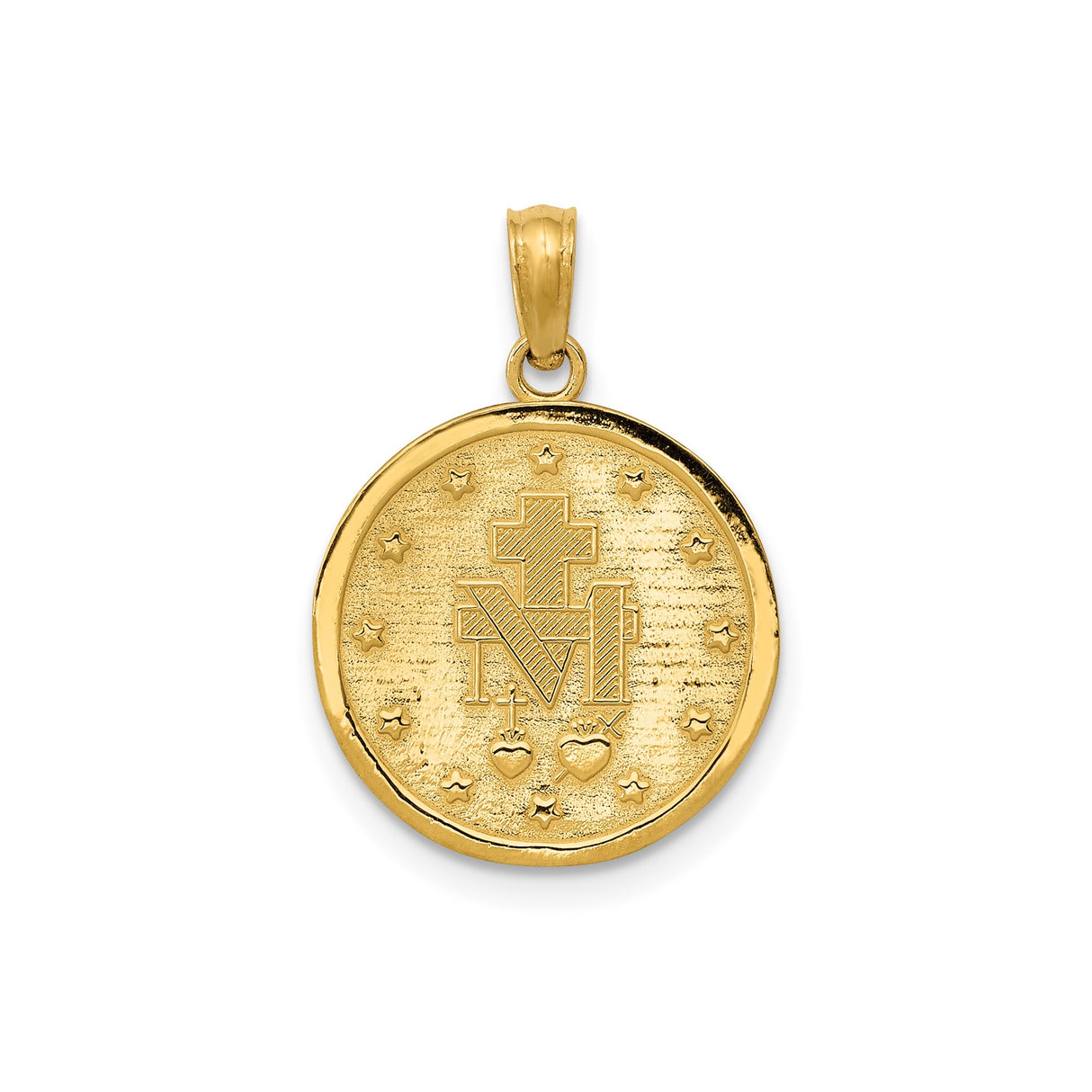14k Yellow Gold Virgin Mary Miraculous Medal Pendant with Inscribed Prayer, Catholic Charm