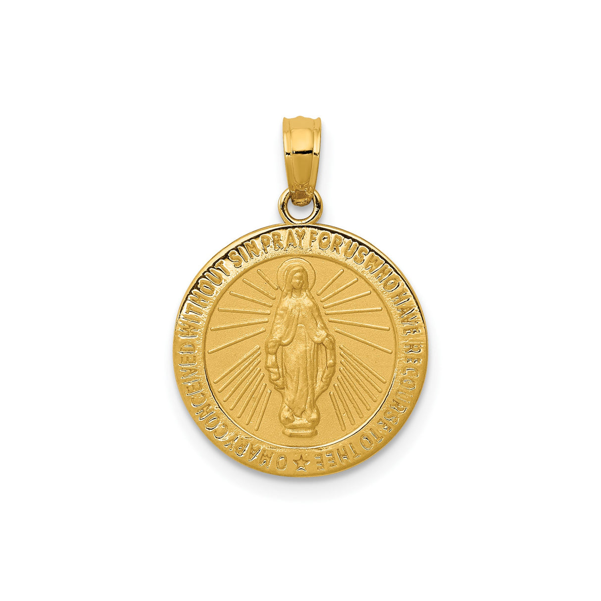 14k Yellow Gold Virgin Mary Miraculous Medal Pendant with Inscribed Prayer, Catholic Charm