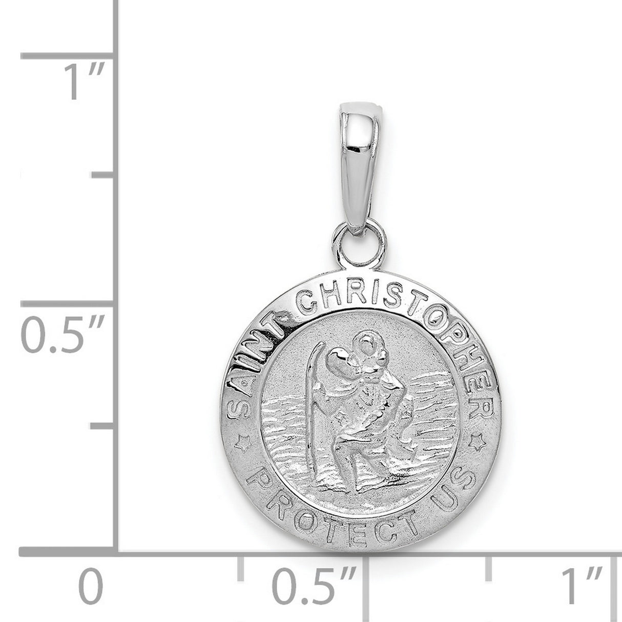 14k White Gold Saint Christopher Medallion Pendant with Raised Figure and Protect Us Inscription