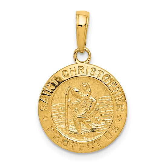 14k Yellow Gold Saint Christopher Medal Pendant, Travel Talisman Religious Charm with Matte Finish
