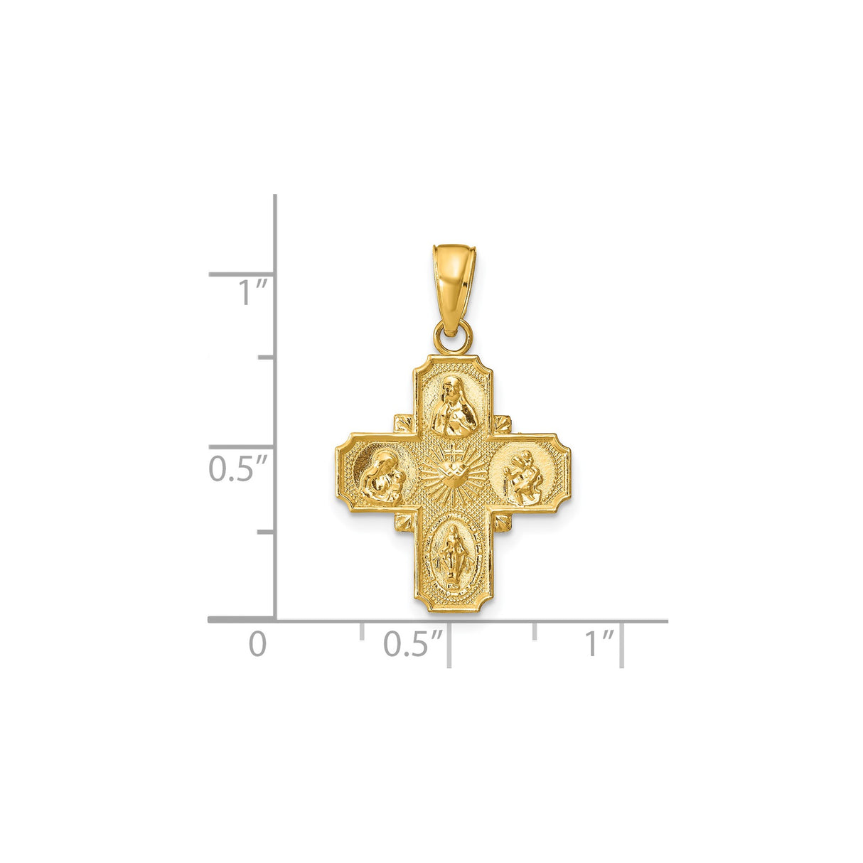 14k Yellow Gold Four-Way Cross Pendant with Sacred Heart, Saint Joseph, Virgin Mary, Miraculous Medal