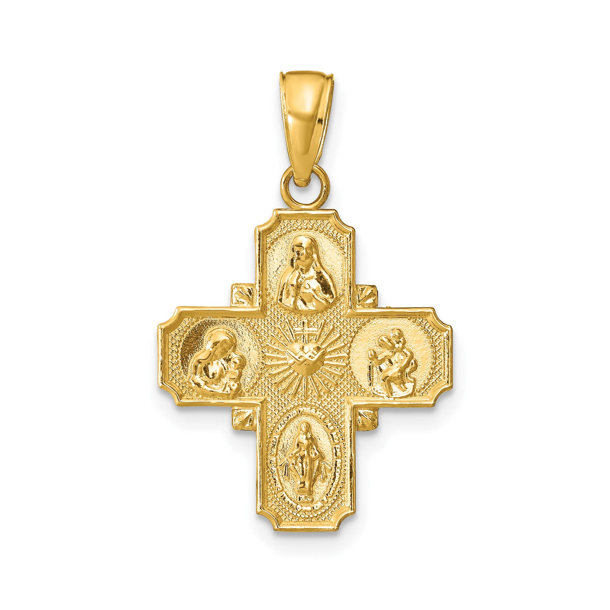 14k Yellow Gold Four-Way Cross Pendant with Sacred Heart, Saint Joseph, Virgin Mary, Miraculous Medal