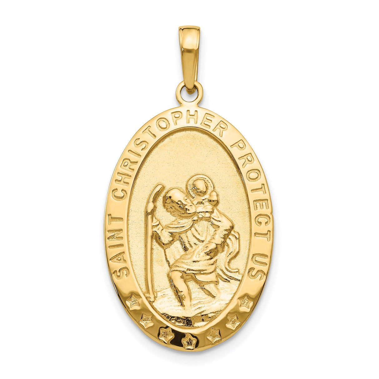 14k Yellow Gold Saint Christopher Oval Medal Pendant with Star Border