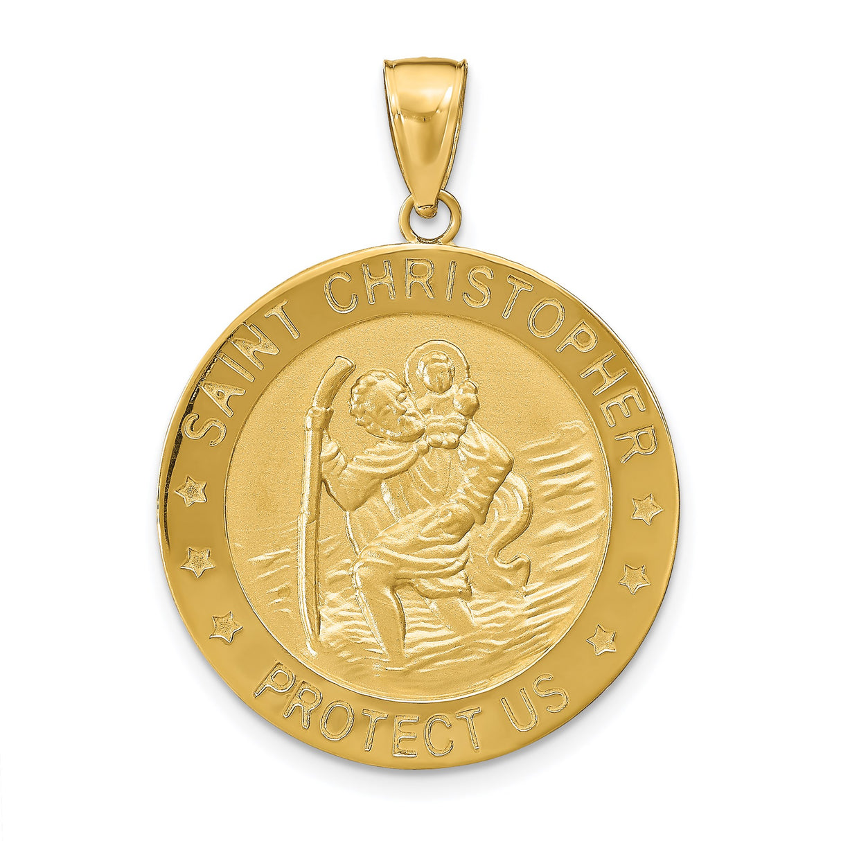 14k Yellow Gold Saint Christopher Medal Pendant with Matte Finish and Celestial Design