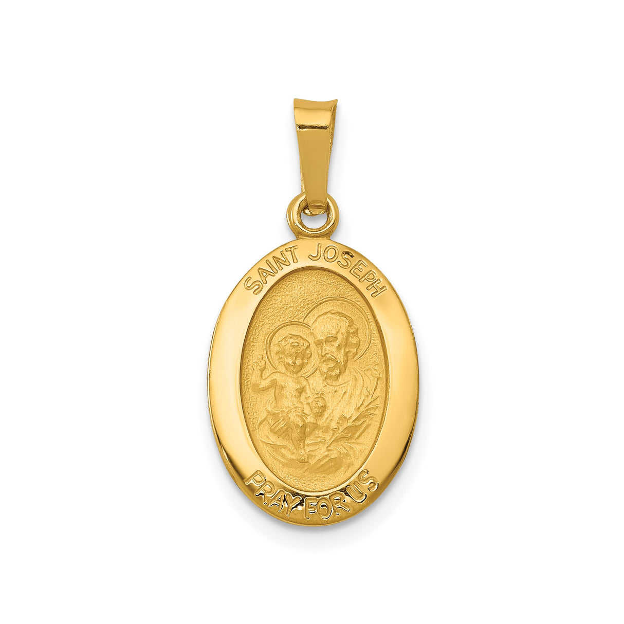 14k Yellow Gold Saint Joseph Oval Pendant with Pray for Us Inscription Catholic Medal