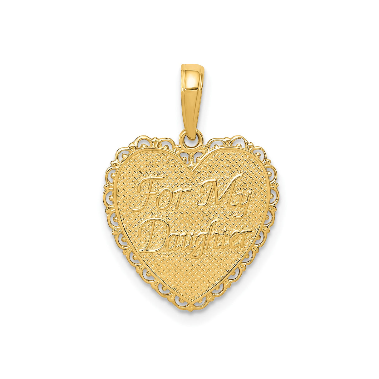 14k Yellow Gold Heart Pendant with Filigree Border and For My Daughter Engraving