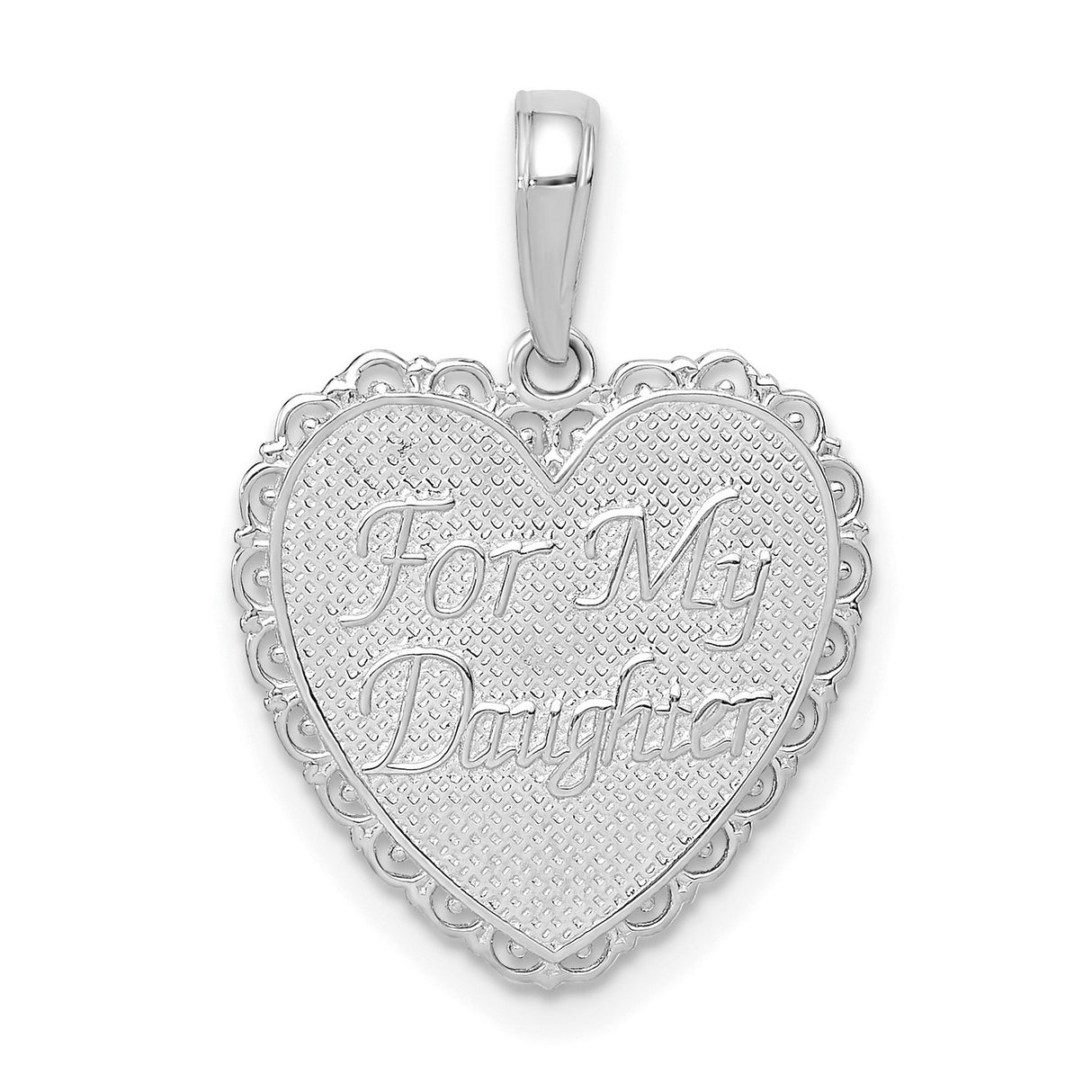 14k White Gold Heart Pendant with For My Daughter Engraving and Filigree Detailing