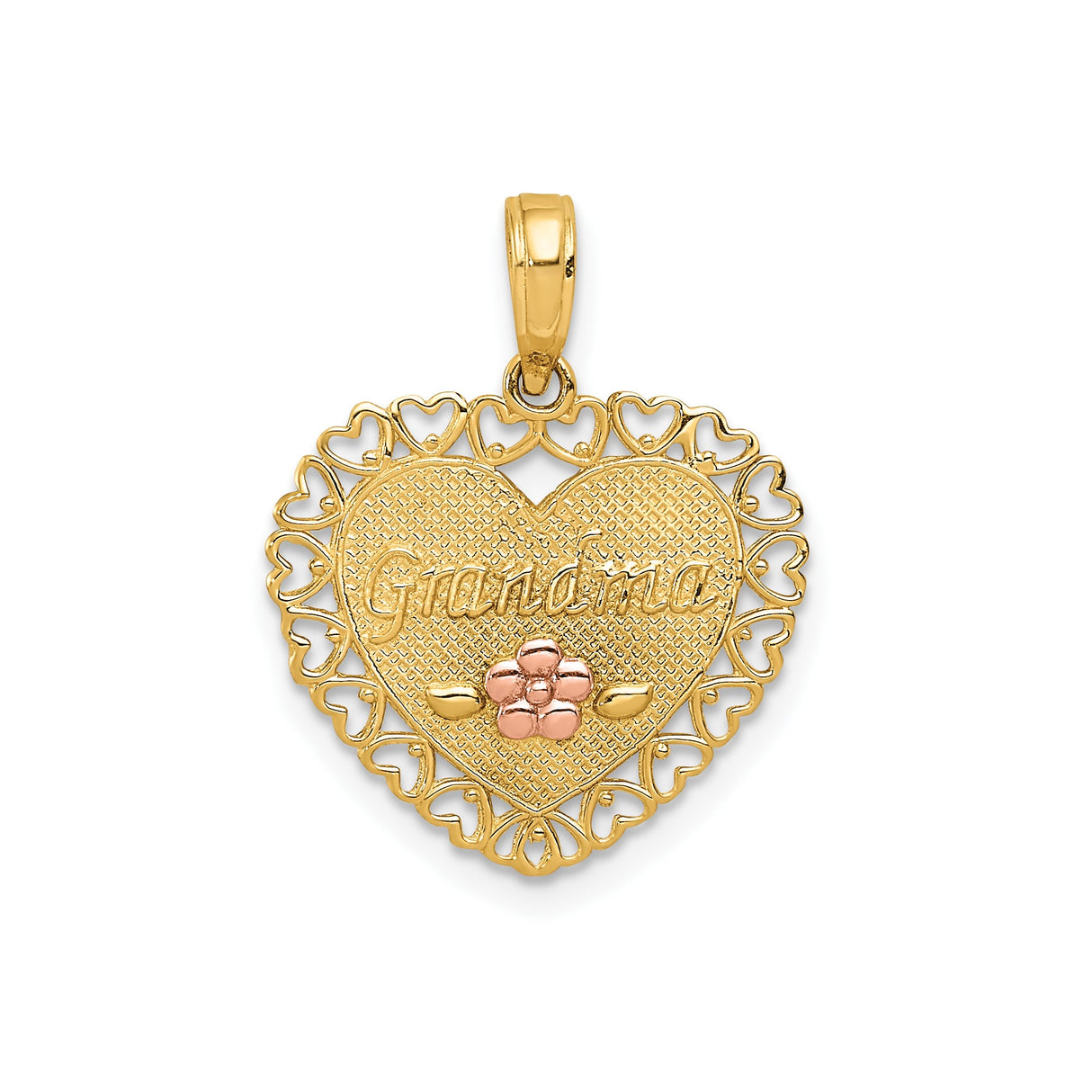 14k Two-Tone Gold Heart Pendant with Grandma Script and Rose Gold Floral Detail