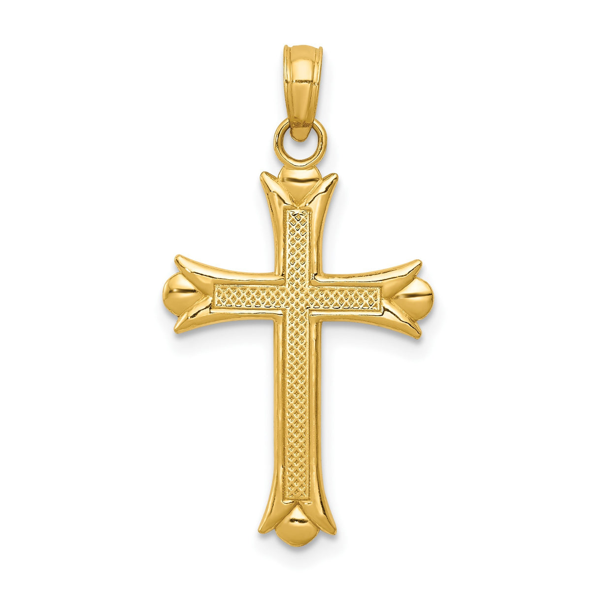 14k Yellow Gold Cross Pendant with Fleur De Lis Floral Design and High Polish Finish