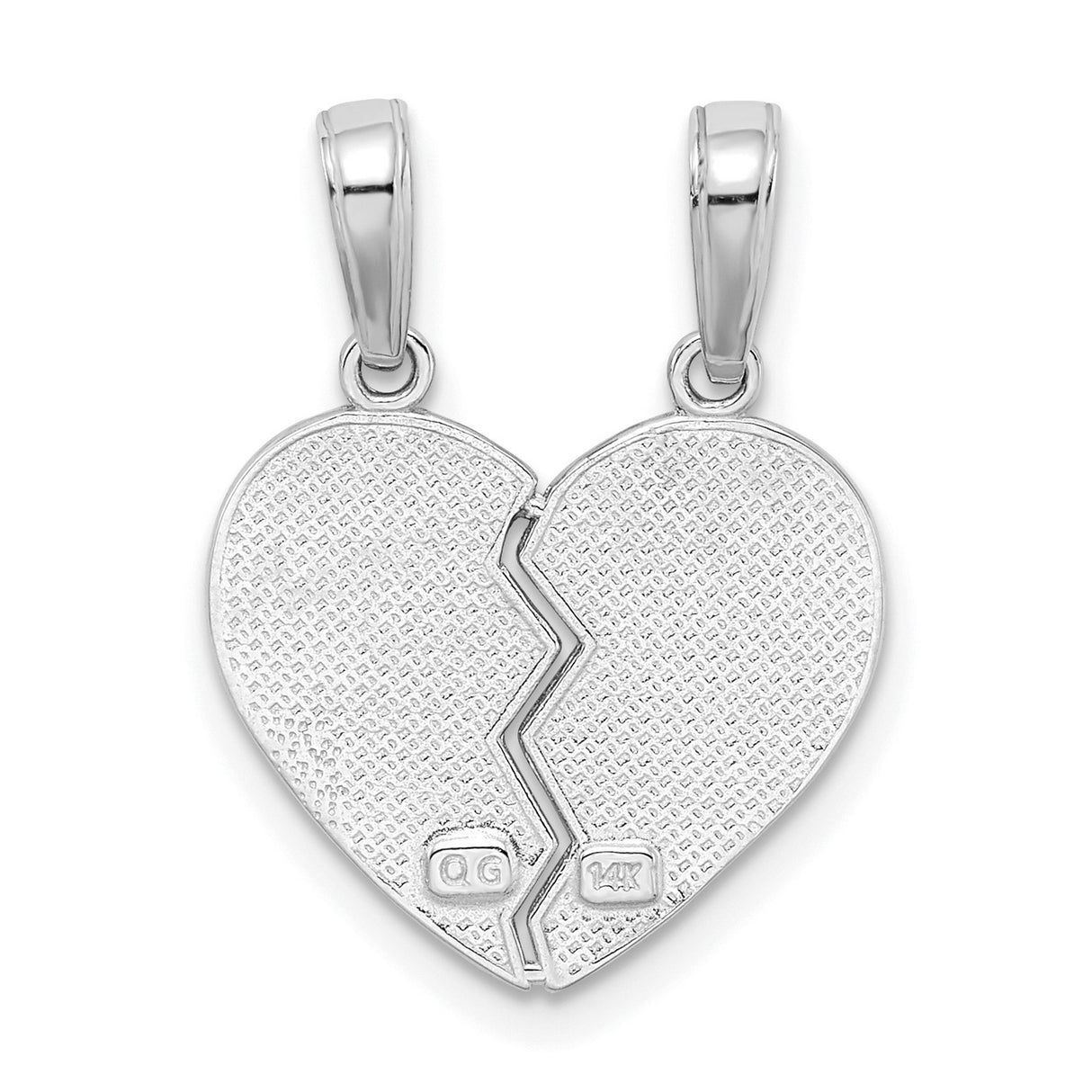 14k White Gold Broken Heart Pendant Set with I Love You Engraving, Split Heart Couples Jewelry