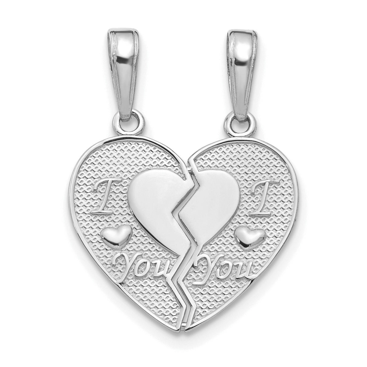 14k White Gold Broken Heart Pendant Set with I Love You Engraving, Split Heart Couples Jewelry