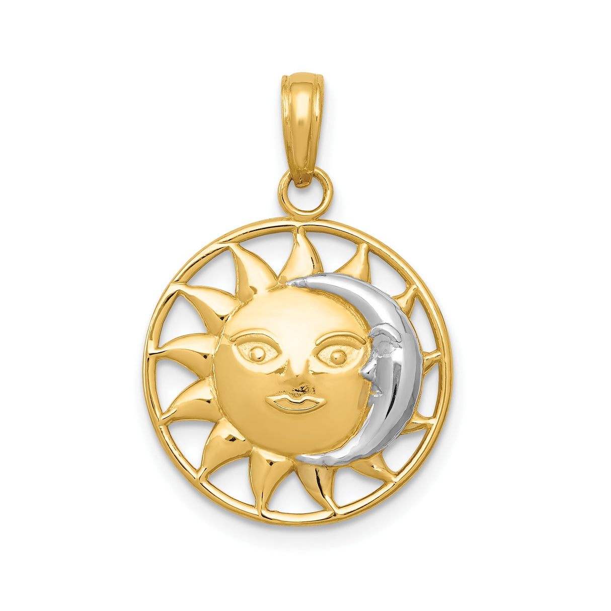 14k Two-Tone Gold Sun and Moon Face Pendant, Celestial Balance and Harmony Design