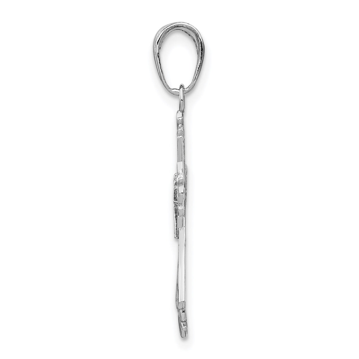 14k White Gold Cross Pendant with Fleur de Lis, Beveled Edge, and Filigree Scrollwork