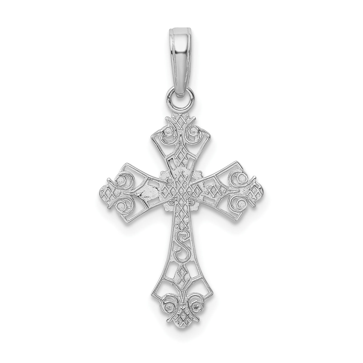 14k White Gold Cross Pendant with Fleur de Lis, Beveled Edge, and Filigree Scrollwork