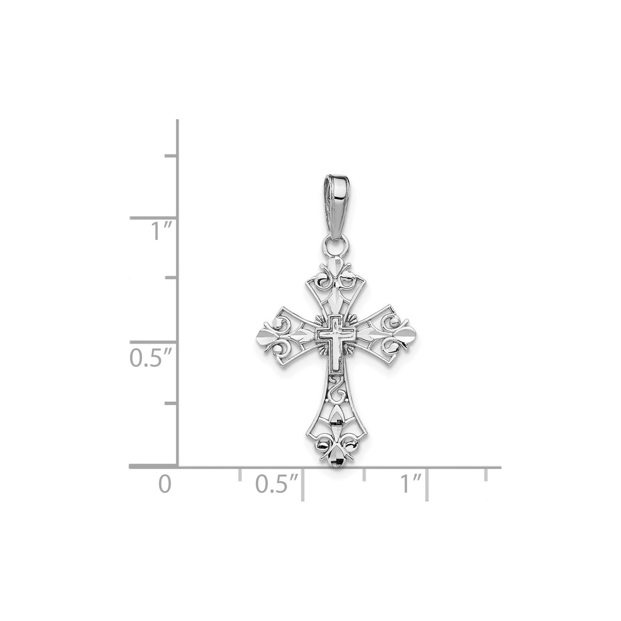 14k White Gold Cross Pendant with Fleur de Lis, Beveled Edge, and Filigree Scrollwork