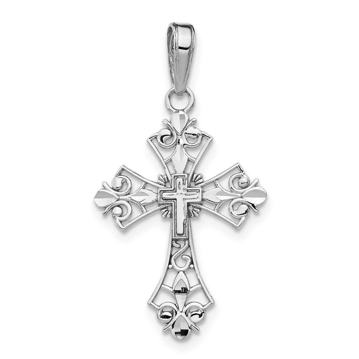 14k White Gold Cross Pendant with Fleur de Lis, Beveled Edge, and Filigree Scrollwork