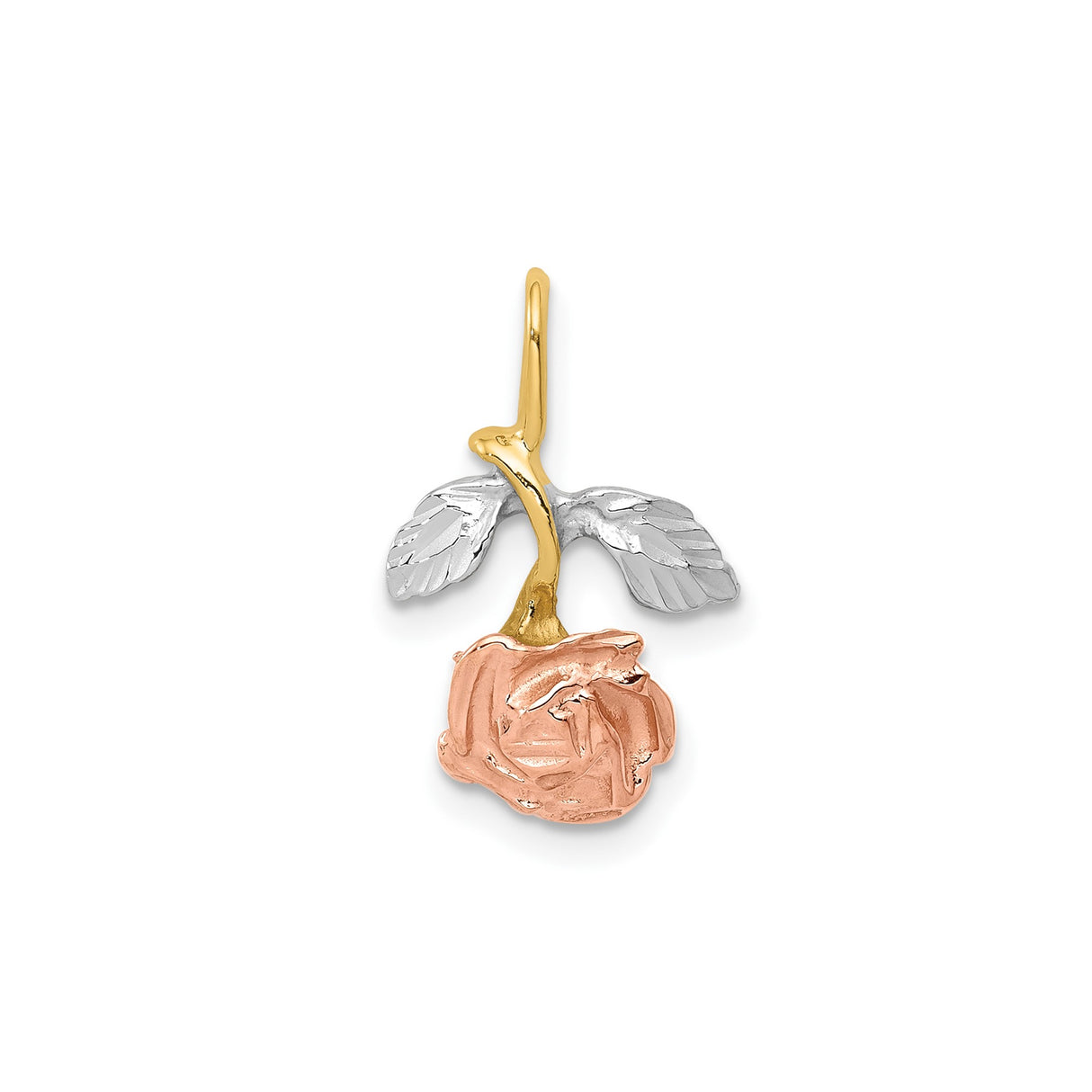 14k Tri-Tone Gold Rose Pendant with Detailed Leaves and Blooming Flower for Women