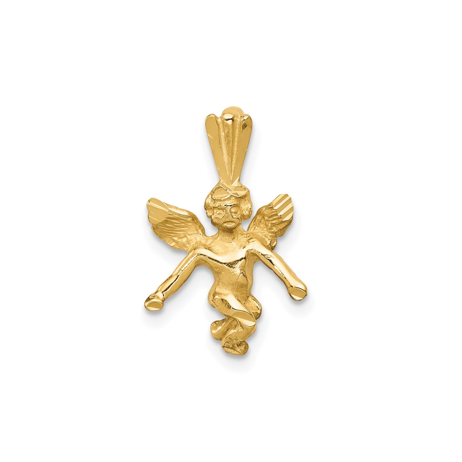 14k Yellow Gold Angel Pendant with Outspread Wings, Cherub Charm, Religious Jewelry