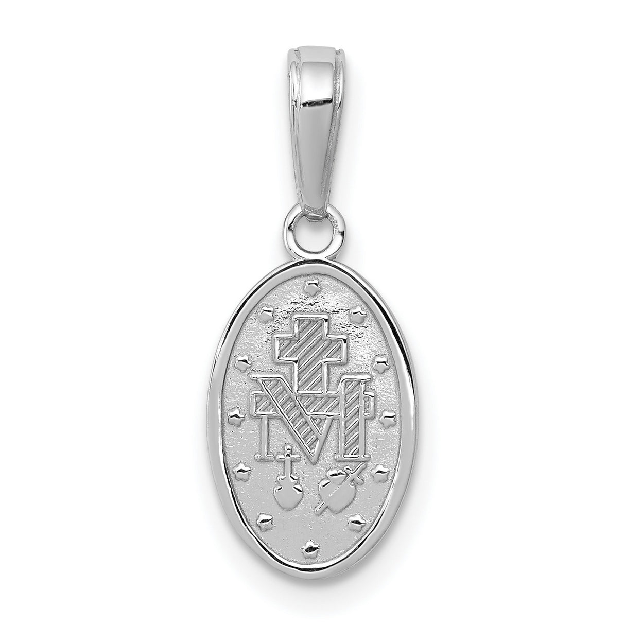 14k White Gold Miraculous Medal Pendant, Virgin Mary Inscription, Catholic Religious Charm for Women