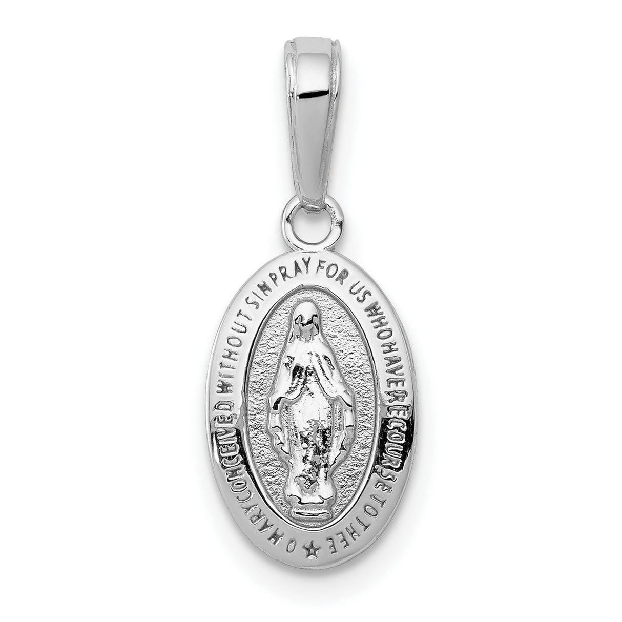 14k White Gold Miraculous Medal Pendant, Virgin Mary Inscription, Catholic Religious Charm for Women