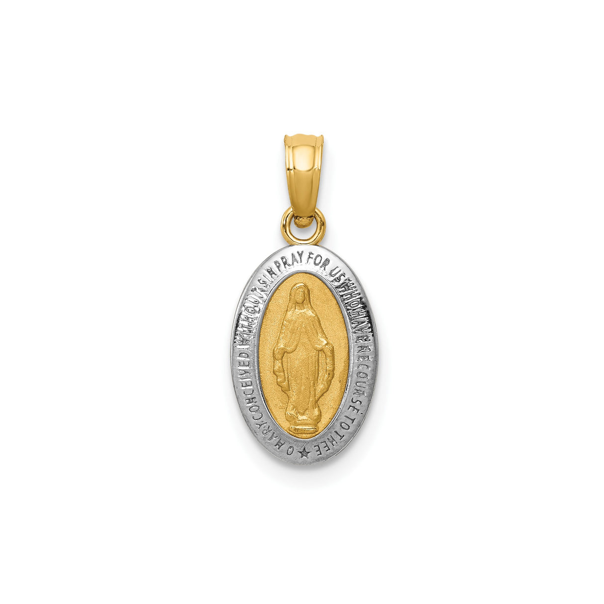 14k Two-Tone Gold Oval Miraculous Medal Pendant with Virgin Mary and Inscription